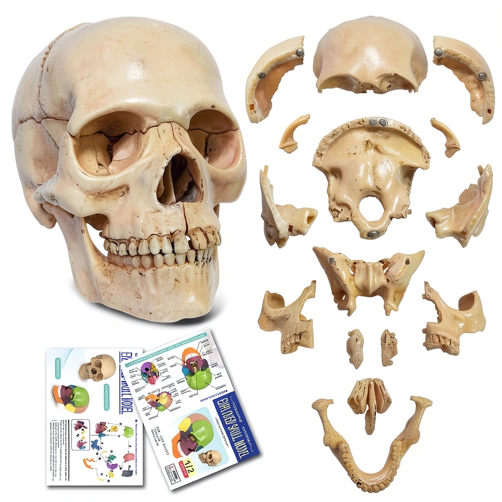 Installing NEW HORIZON 15‑Piece Mini Human Skull Model PVC Educational Anatomy on a wooden desk